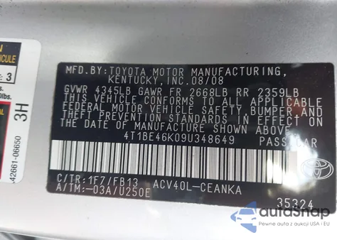 2009 Toyota Camry из США, поврежденный, VIN 4T1BE46K09U348649